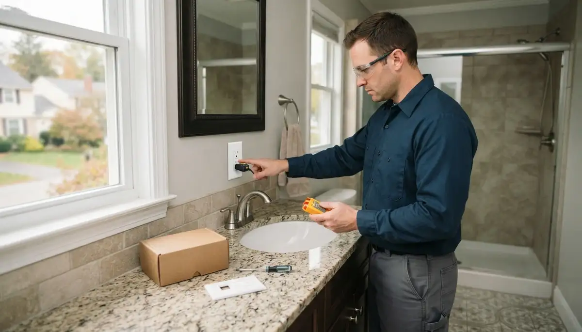 Electrician installing GFCI protection near a wet-area outlet in a Trivoli, IL home