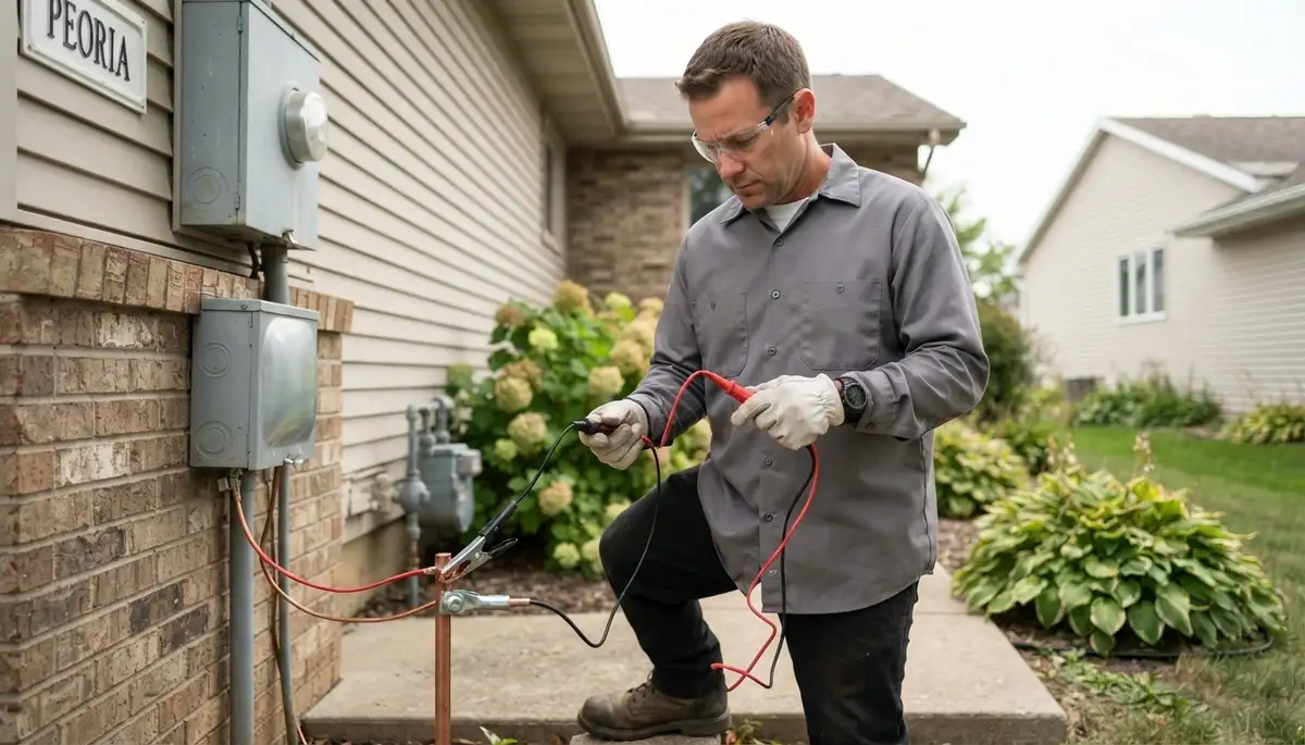 Electrician tests grounding path with a meter for lightning surge protection in Peoria, IL