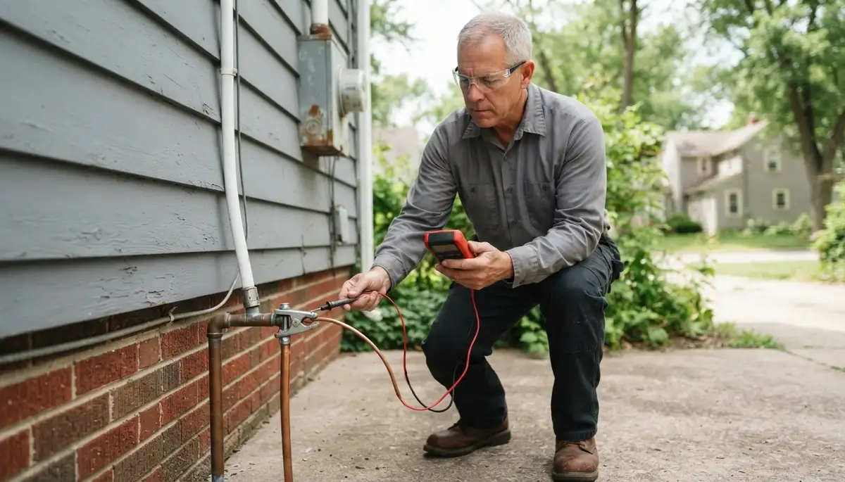Peoria, IL electrician testing grounding electrode and service voltage with a multimeter for electrical safety