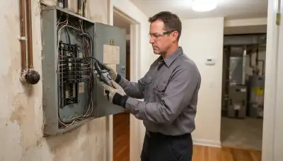 Electrician in Peoria, IL uses a clamp meter to assess panel capacity for a new electric heater circuit