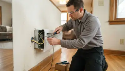 Electrician connects dedicated circuit wiring to a wall-mounted electric heater in Peoria, IL