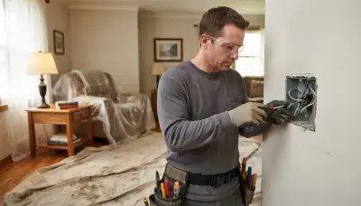 Peoria, IL electrician performing residential circuit termination with drop cloths protecting floors and furniture