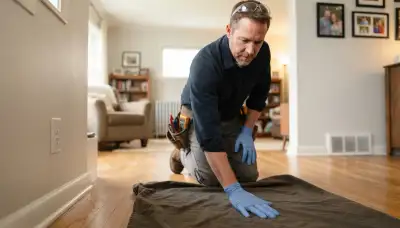 Residential electrician in Peoria, IL carefully assesses an outlet over a protective drop cloth