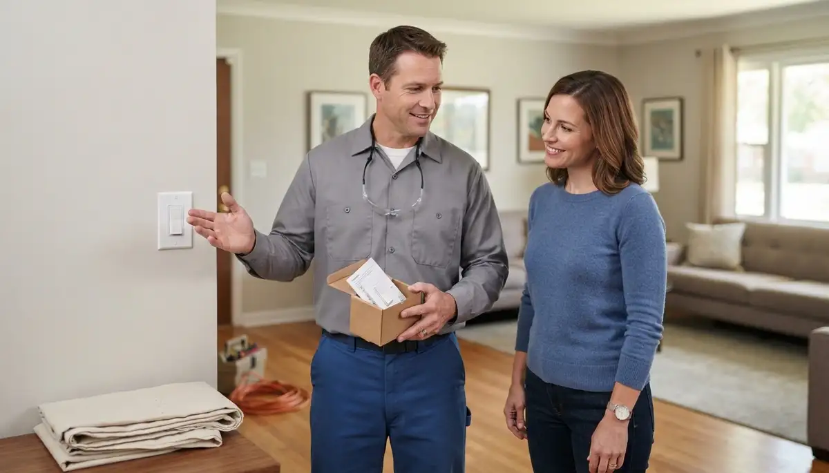 Residential electrician explains completed electrical work to a homeowner in Peoria, IL