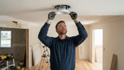 Electrician secures recessed light trim ring with spring clips in a Peoria, IL home