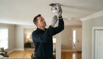 Electrician wiring an interconnected smoke detector during installation in a Peoria, IL home