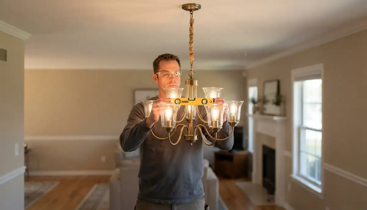 Electrician levels chandelier and tests dimmer during installation in Peoria, IL