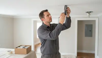 Electrician in Peoria, IL uses a stud finder to plan ceiling lighting fixture placement.