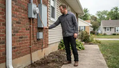 Electrician traces a home's grounding electrode conductor during lightning surge assessment in Peoria, IL