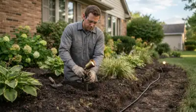 Electrician installs low-voltage landscape lighting fixtures along buried cable in a Peoria, IL yard