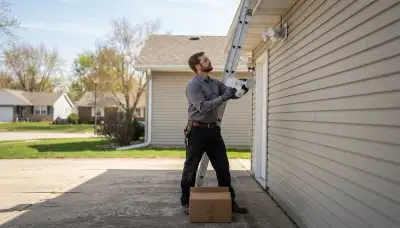 Electrician installs a motion-sensor security light on a Peoria, IL garage eave