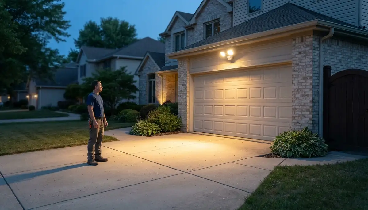 Electrician verifies security light motion range along a Peoria, IL driveway at dusk