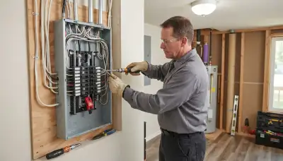 Electrician installing a new load center and securing breakers in a Peoria, IL home