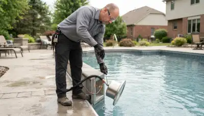 Peoria, IL electrician installs a replacement pool light and secures the bonding clamp in the fixture niche