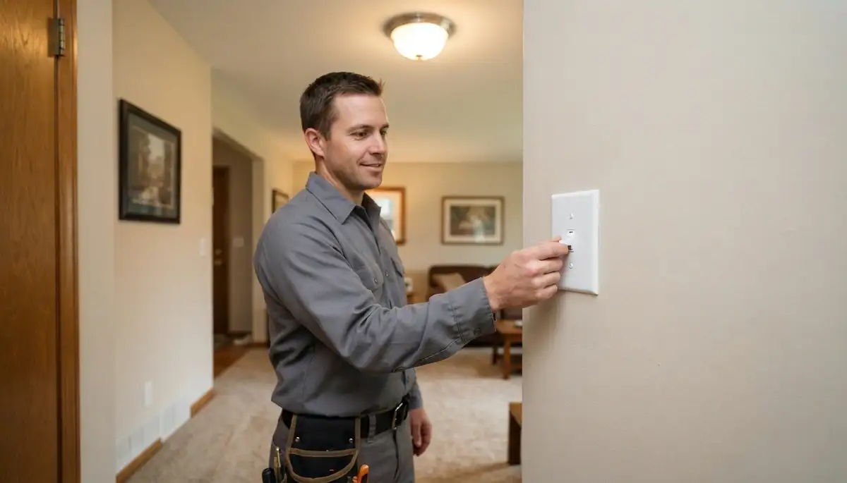 Electrician tests a repaired light switch and connected fixture in a Peoria, IL home