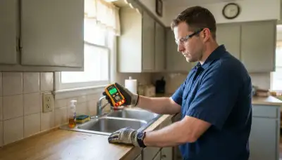 Electrician testing a kitchen outlet for GFCI protection in a Peoria, IL home