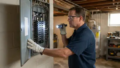 Electrician inspecting a home's main electrical panel for hazards in Peoria, IL