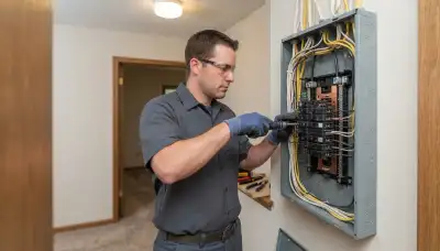 Licensed electrician installing a new circuit breaker in a de-energized electrical panel in Peoria, IL