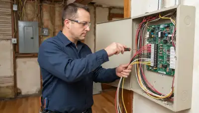Electrician terminating zoned fire alarm wiring in a control panel during a Peoria, IL installation