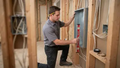 Electrician in Peoria, IL leveling an electrical panel enclosure against wall studs before rough-in installation