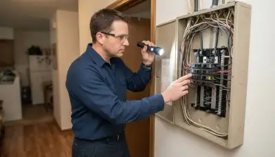Electrician inspects an open panel in Peoria, IL for whole-home surge protection installation