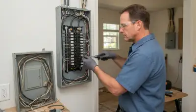Electrician upgrading an electrical panel in an older Deer Creek, IL home