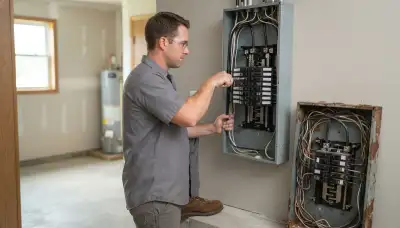 Electrician upgrading an electrical panel in an older Dunlap, IL home