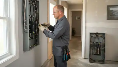 Electrician upgrading an electrical panel in an older Germantown Hills, IL home
