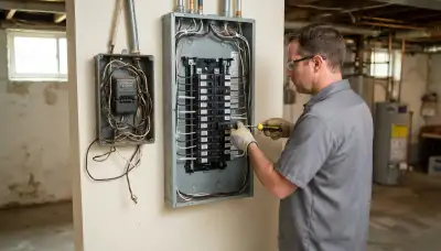Electrician installing a new electrical panel in an older Hanna City, IL home near Peoria