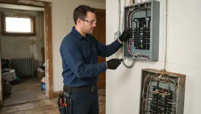 Electrician upgrading an electrical panel in an older Kingston Mines, IL home