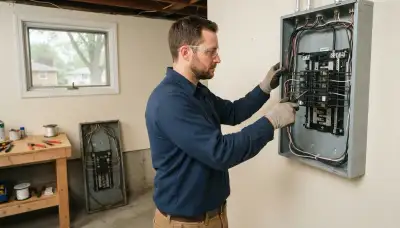 Electrician completing a 200-amp electrical panel upgrade in an older Morton, IL home