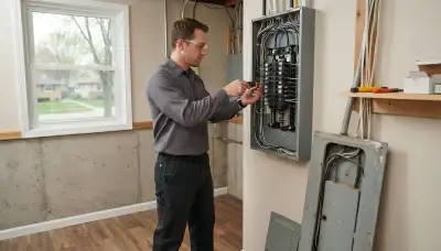 Electrician upgrading an older home's electrical panel in Pekin, IL for safer, modern power capacity