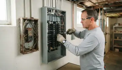 Electrician replacing an outdated electrical panel in an older Peoria Heights, IL home