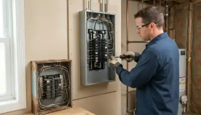 Electrician upgrading an electrical panel in an older South Pekin, IL home