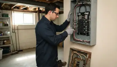 Electrician upgrading an outdated electrical panel in an older Tremont, IL home