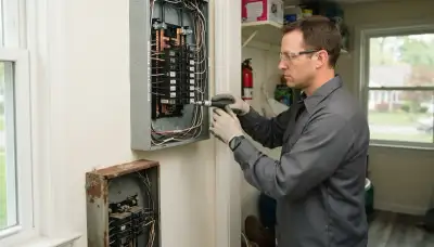 Electrician upgrading an older home's electrical panel to 200-amp service in Trivoli, IL