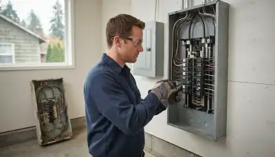 Electrician upgrading an electrical panel in an older Peoria, IL home