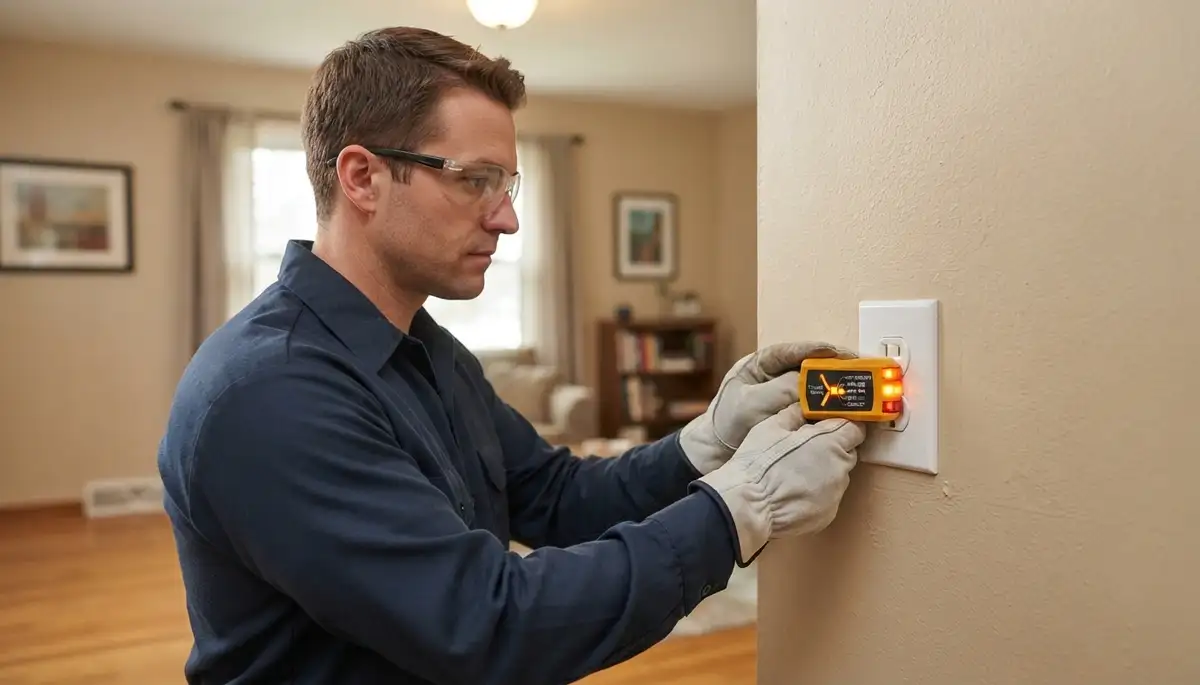 Electrician testing outlet polarity and ground after repair in a Peoria, IL home