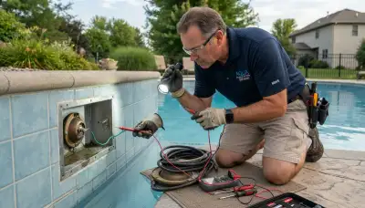 Electrician inspects a pool light niche and bonding connection at a Peoria, IL home