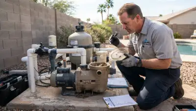 Electrician inspecting a residential pool pump strainer basket and shaft seal in Peoria, IL