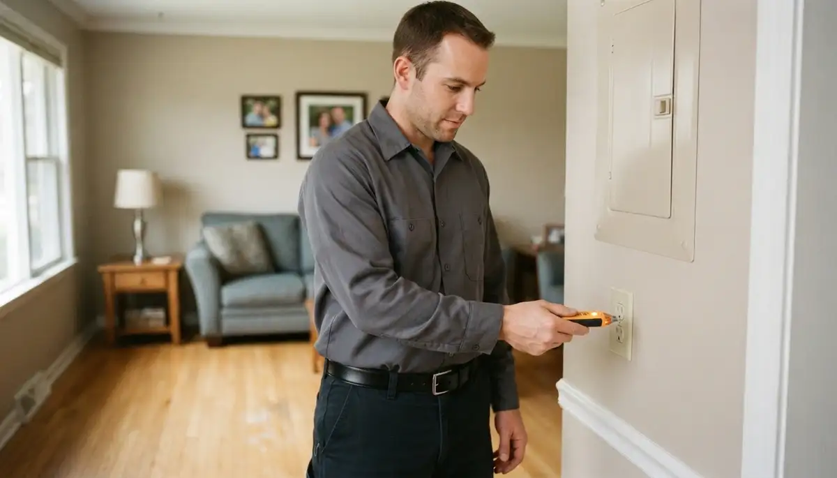 Electrician in Peoria, IL uses a voltage tester to verify a repaired outlet is safe and working.