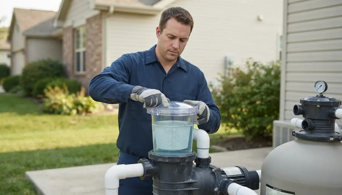Peoria, IL electrician verifies pool pump water flow and pressure by securing the strainer lid