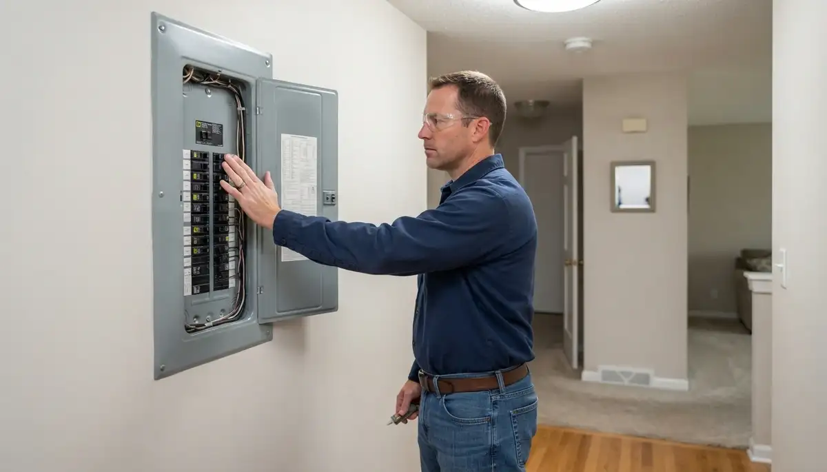 Electrician inspects completed electrical panel during final walkthrough in Peoria, IL