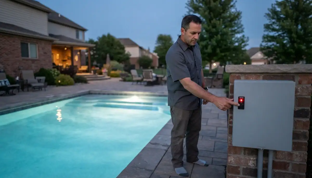 Peoria, IL electrician tests pool light GFCI at deck panel as pool water glows below