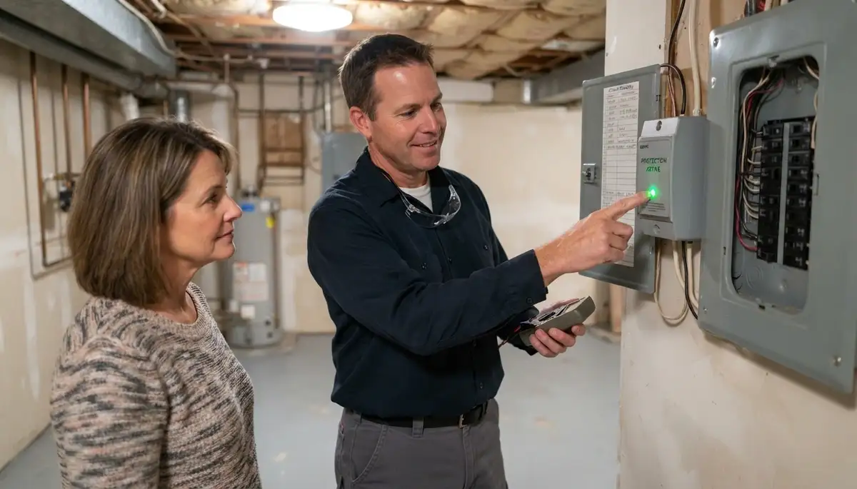 Peoria, IL electrician shows homeowner an active whole-home surge protection status indicator
