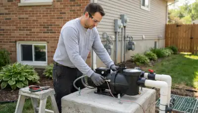 Electrician secures pool pump bonding and wiring during installation in Peoria, IL