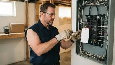 Electricians repairing a Peoria, IL home's electrical circuit with a lockout tag and secured power.