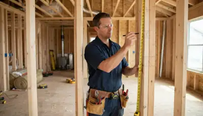 Electrician marks circuit runs and outlet heights for new construction wiring in Peoria, IL