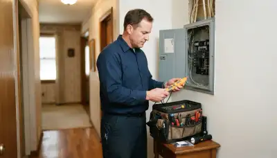 Peoria, IL electrician tests an electrical panel with a voltage tester during a service call