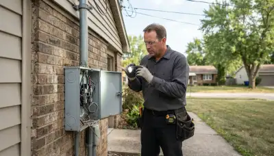 Electrician inspecting a residential service entrance, meter base, and weatherhead in Peoria, IL